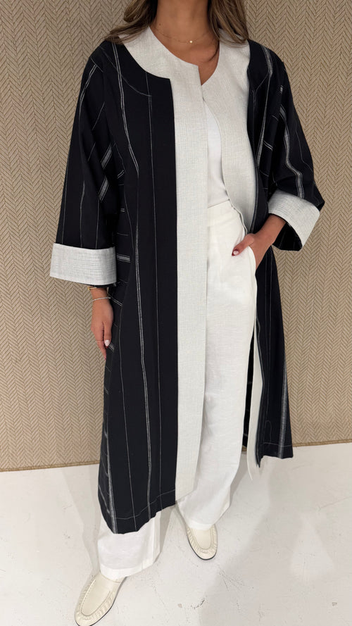 Black linen bisht with white pants