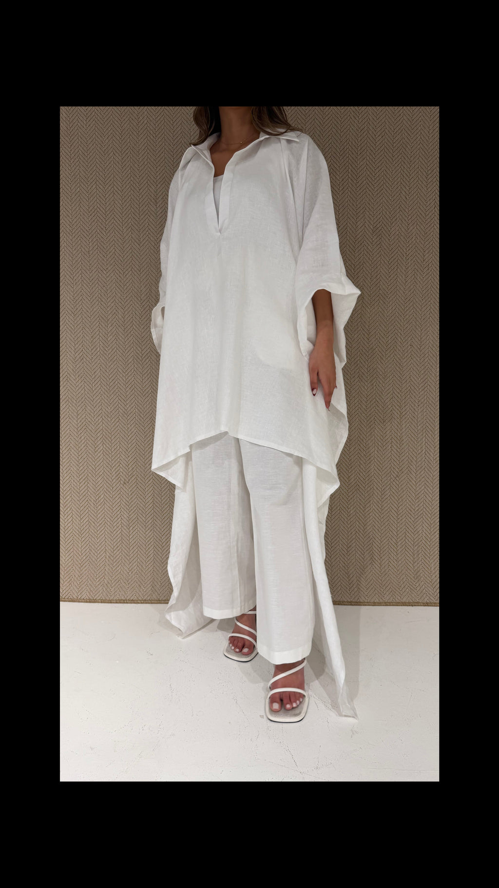 White kaftan, linen top with matching pants