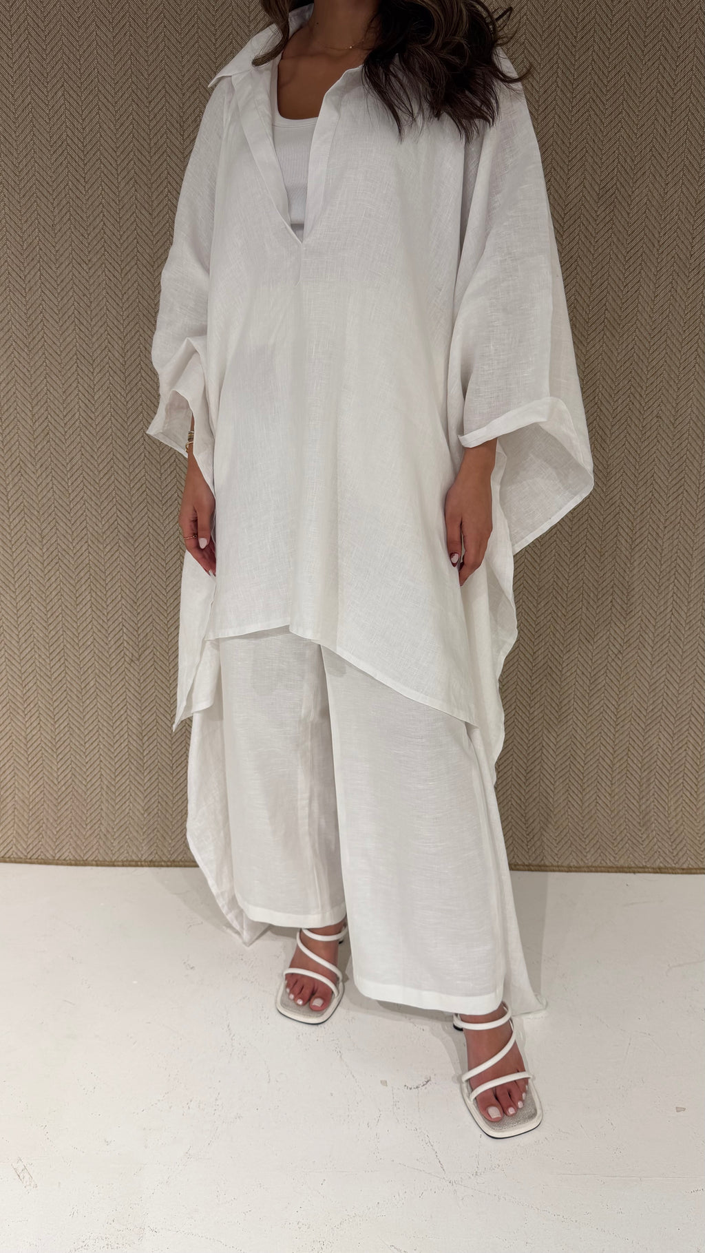 White kaftan, linen top with matching pants