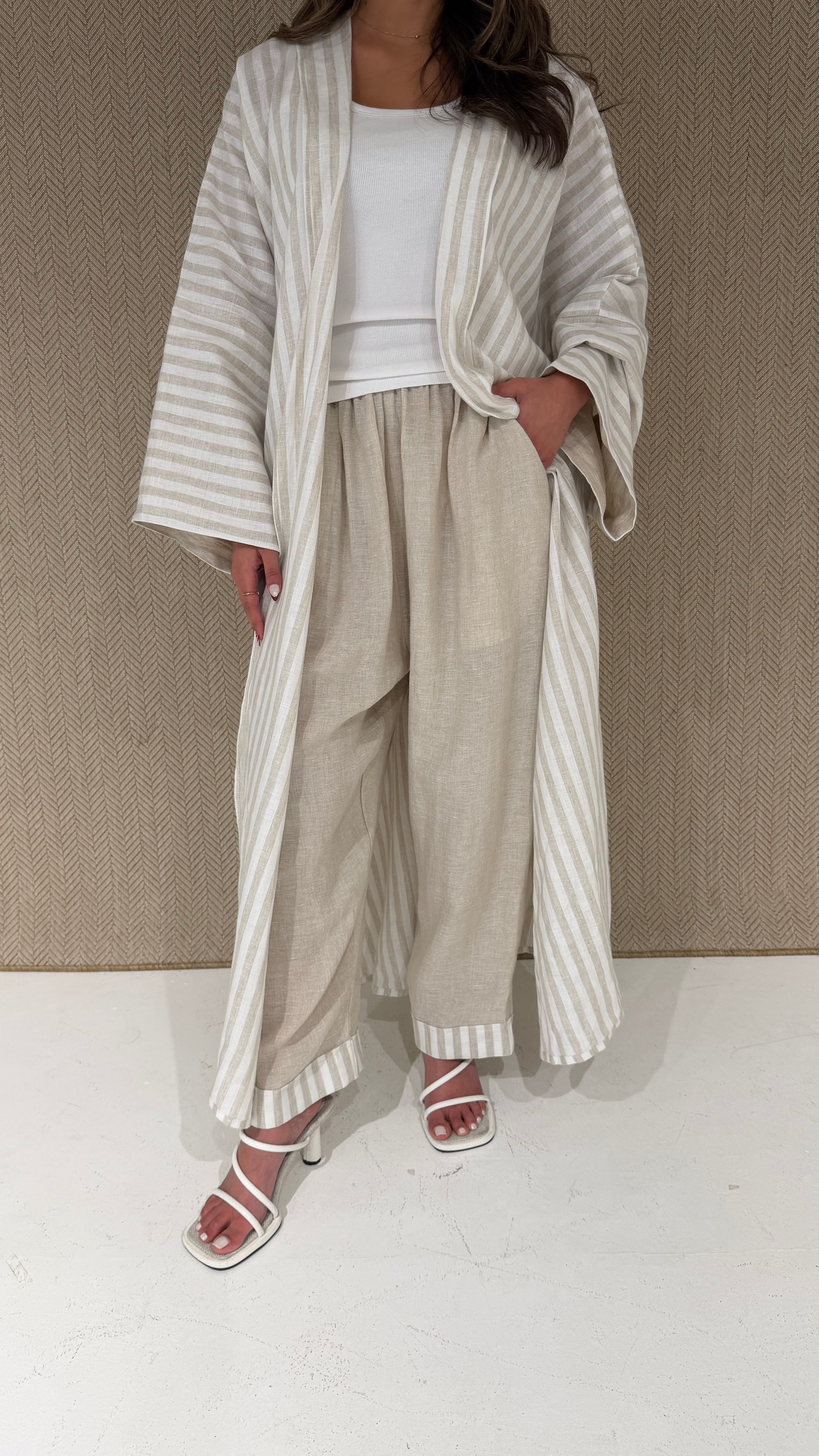 Striped linen robe with beige linen pants
