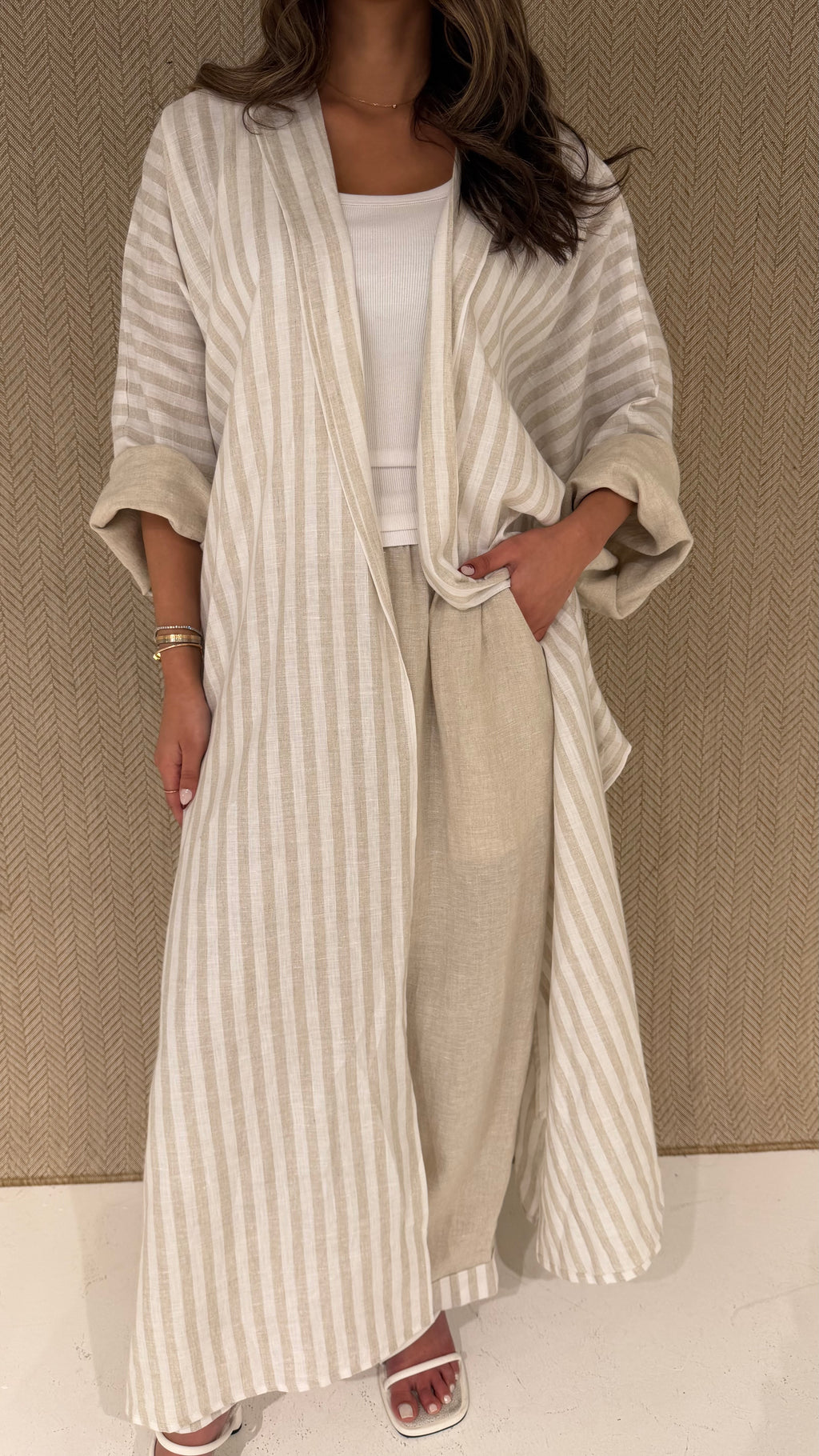 Striped linen robe with beige linen pants