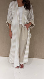 Striped linen robe with beige linen pants