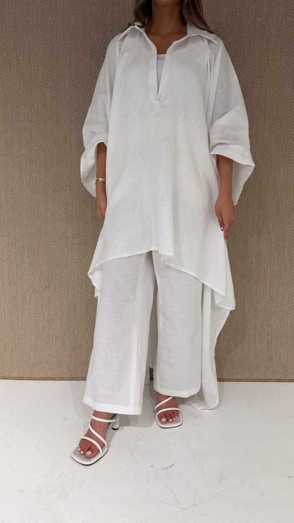 White kaftan, linen top with matching pants