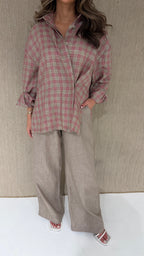 Checkered overlap shirt with beige linen pants